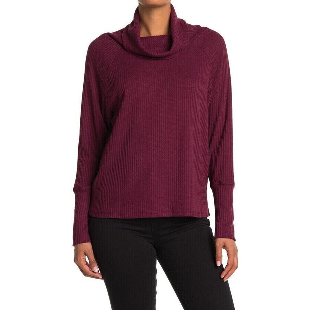 Bobeau Women's Cowl Neck Raglan Sleeve Thermal Top In Wine Medium MSRP $45